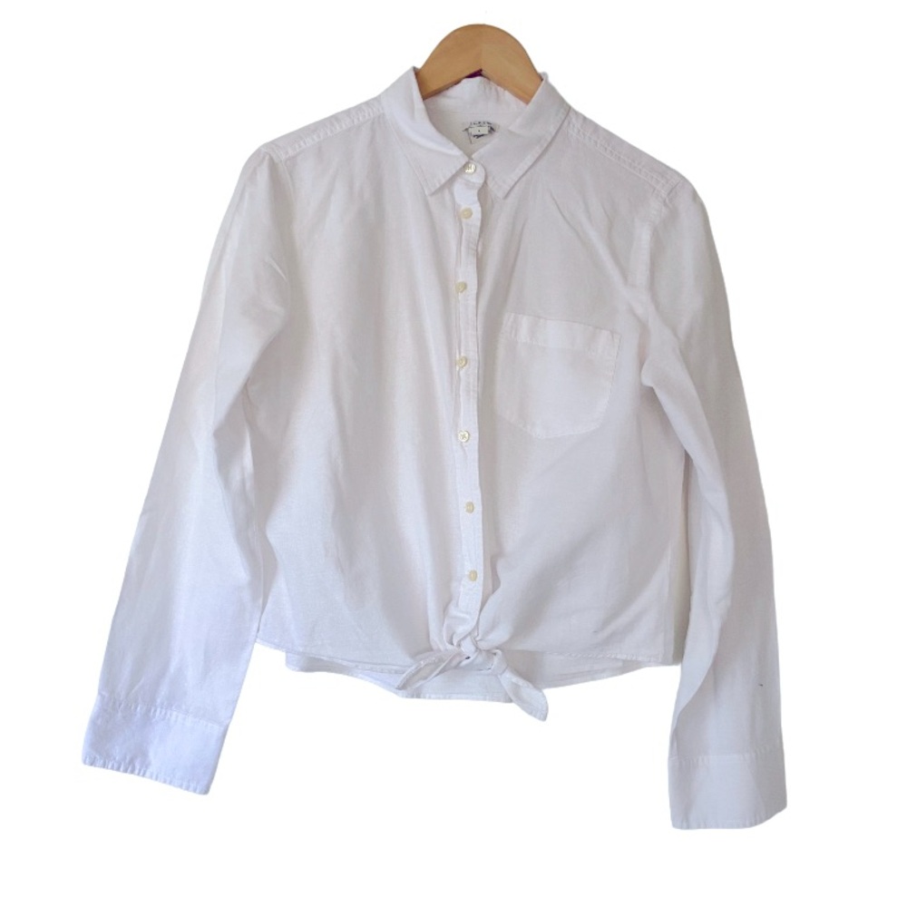 J. CREW Cotton Linen White Button Down Long Sleeves Front Knot Tie Shirt Size L